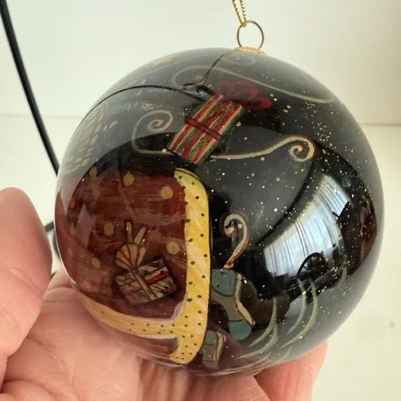 Glass Santa Claus Ornament Reverse Hand Painted With Red Box Night Sky - Picture 5 of 8